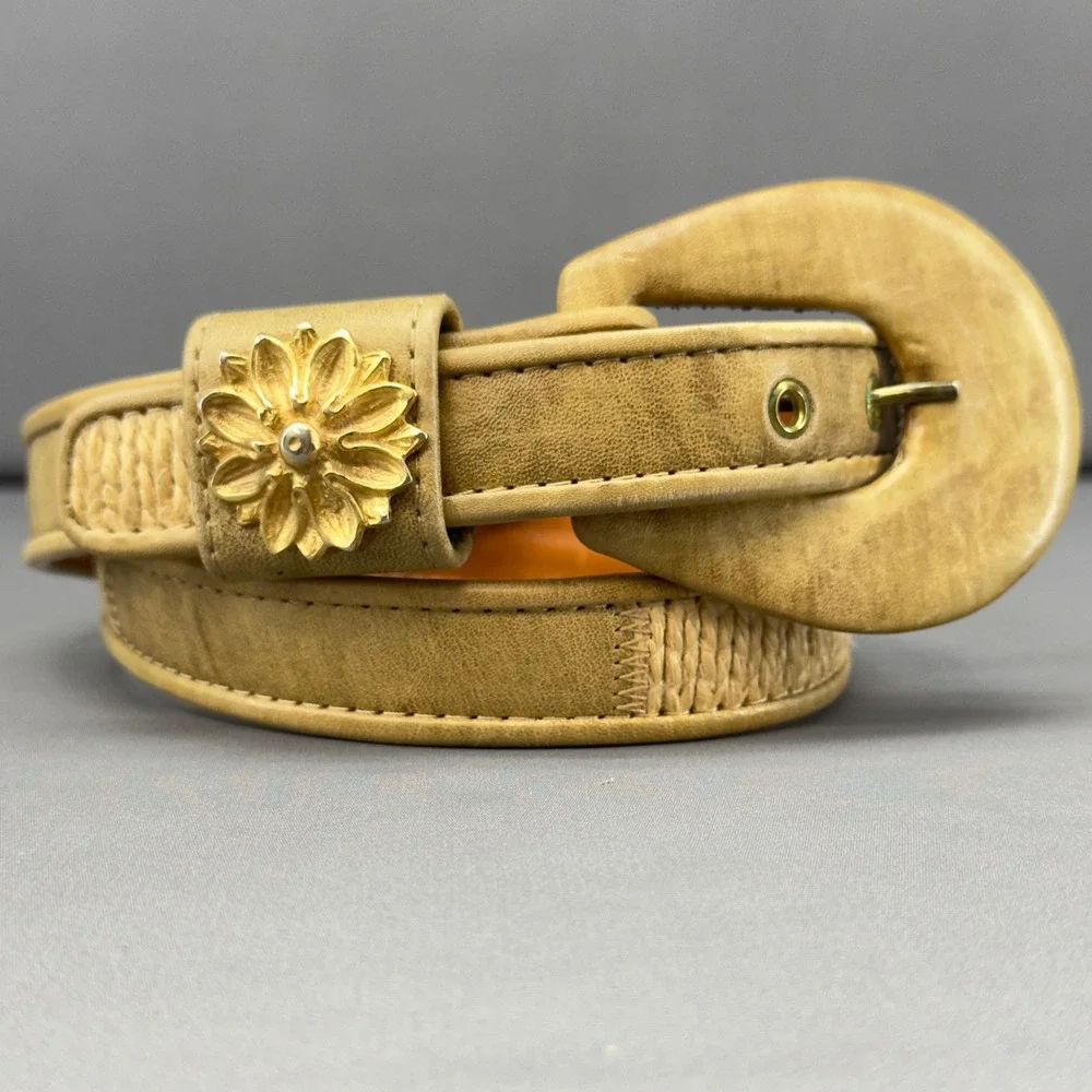 Vintage Alden Howard Tan Leather Woven Flower Buckle Belt‎ Made USA Size L